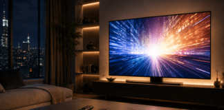 Modern living room with glowing television screen representing the streaming wars 2026 competition between Netflix HBO Max Prime Video and Hulu for viewer attention