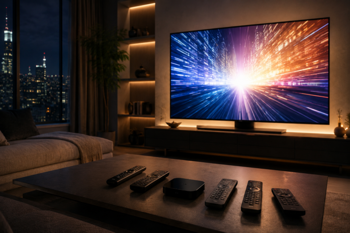 Modern living room with glowing television screen representing the streaming wars 2026 competition between Netflix HBO Max Prime Video and Hulu for viewer attention