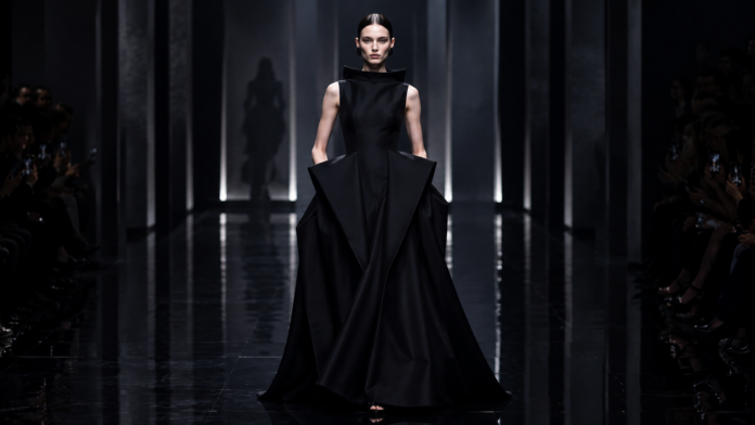 Balenciaga Couture 2026 Pierpaolo Piccioli Paris A Balenciaga runway model in a sculptural black gown at Paris Fashion Week, representing the Piccioli couture era.