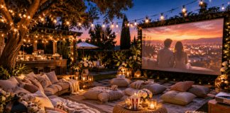 Backyard Movie Nights Are Summer 2026’s Hottest Entertainment Trend – Here’s How to Host One Elegant backyard movie night with outdoor cinema seating and summer entertaining decor.