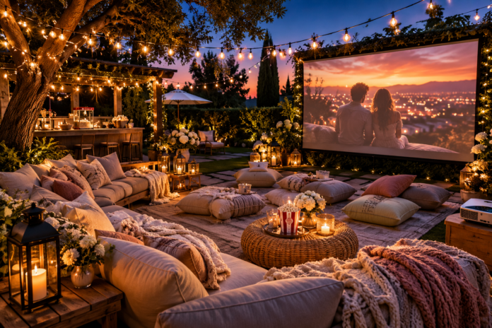 Elegant backyard movie night with outdoor cinema seating and summer entertaining decor.