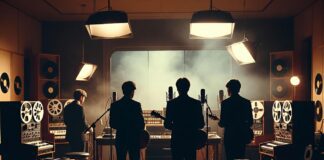 Vintage recording studio scene representing the renewed popularity of Beatles biopics and global Beatlemania.