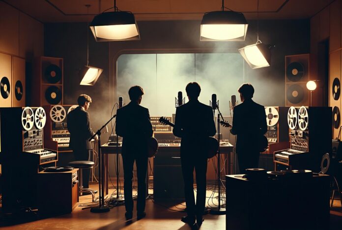 Vintage recording studio scene representing the renewed popularity of Beatles biopics and global Beatlemania.