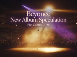 A glamorous stadium stage bathed in spotlights with a lone microphone, evoking a global pop superstar's con