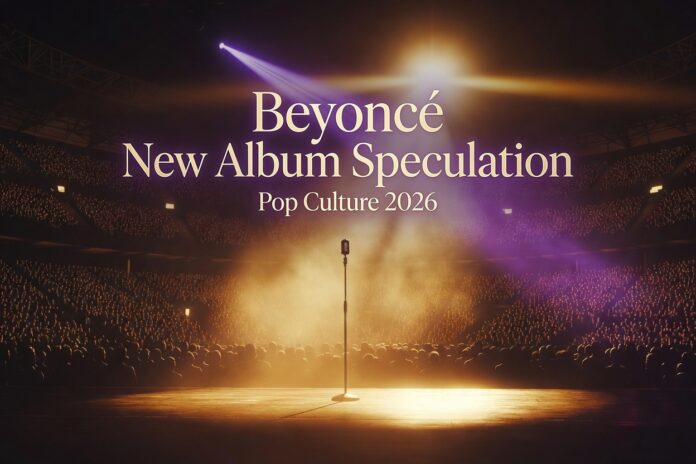 Beyonce New Album Speculation Pop Culture 2026 A glamorous stadium stage bathed in spotlights with a lone microphone, evoking a global pop superstar's con
