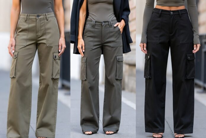 Cargo Pants and Utility Fashion — The Street Style Trend Defining 2026's Most Photographed Looks Women's cargo pants street style 2026 wide-leg utility fashion outfit representing the cargo pants trend and oversized street style aesthetic of 2026 with refined utility chic styling including neutral tones fitted tank and luxury accessories.