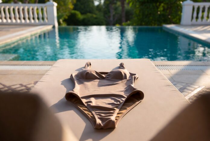 Luxury one-piece swimsuit displayed on a poolside lounger at a high-end resort in soft afternoon light.