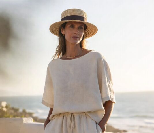 Coastal Granddaughter Style Is Redefining Summer Fashion in 2026 A woman in a relaxed linen outfit with neutral tones and a straw hat by the sea in soft summer light