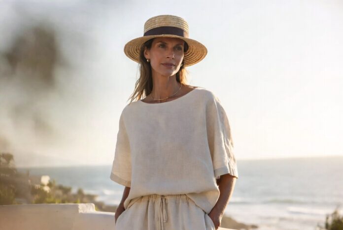 Coastal Granddaughter Quiet Luxury Summer 2026 A woman in a relaxed linen outfit with neutral tones and a straw hat by the sea in soft summer light