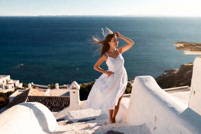 Woman in a white linen dress standing on whitewashed Mediterranean steps with blue sea views.