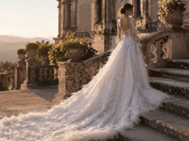 Dua Lipa in a custom Chanel Haute Couture wedding gown by Matthieu Blazy with a sweeping feathered train at her Sicily wedding.