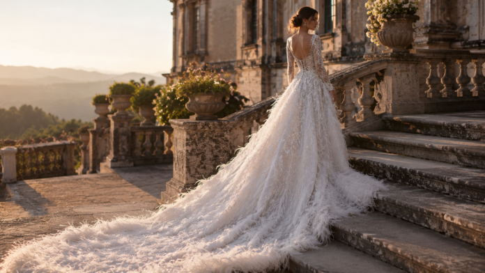 Dua Lipa Wedding Chanel Dress Sicily 2026 Dua Lipa in a custom Chanel Haute Couture wedding gown by Matthieu Blazy with a sweeping feathered train at her Sicily wedding.