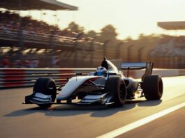 F1 The Movie Dominated the Box Office — and a Brad Pitt Sequel Is Now Revving Up A Formula 1 race car speeds around a Grand Prix circuit in a cinematic motorsport drama scene