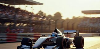 A Formula 1 race car speeds around a Grand Prix circuit in a cinematic motorsport drama scene
