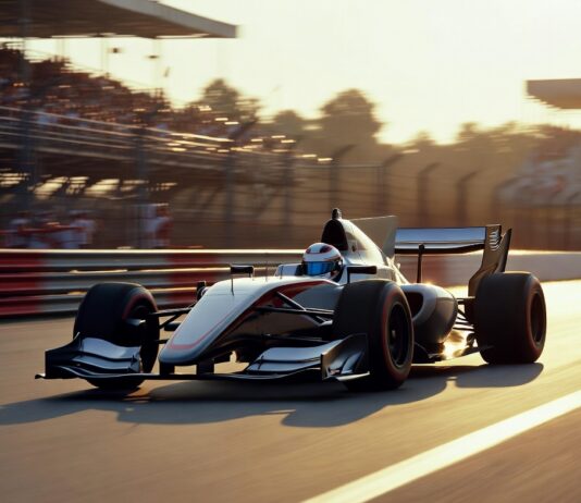 F1 The Movie Dominated the Box Office — and a Brad Pitt Sequel Is Now Revving Up A Formula 1 race car speeds around a Grand Prix circuit in a cinematic motorsport drama scene