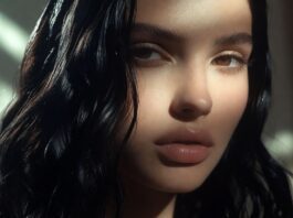 Close-up of ultra-glossy dark hair with a smooth mirror-like reflective finish in studio lighting.