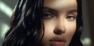 Close-up of ultra-glossy dark hair with a smooth mirror-like reflective finish in studio lighting.