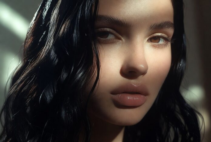 Close-up of ultra-glossy dark hair with a smooth mirror-like reflective finish in studio lighting.