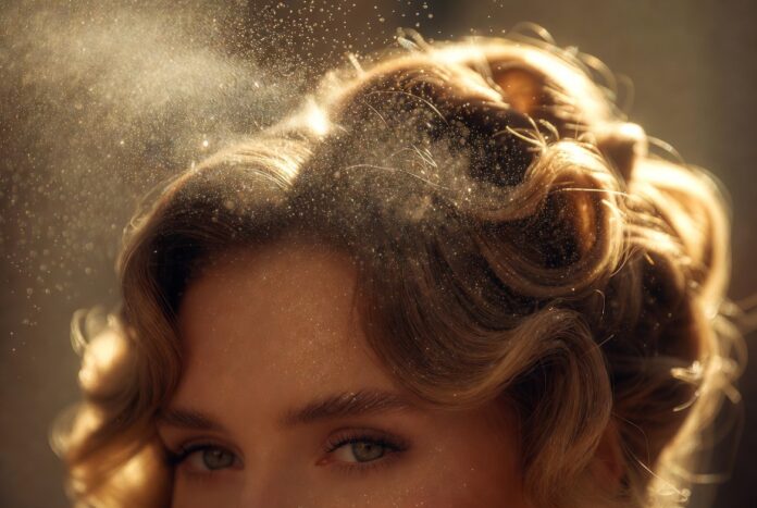 Hair Perfume Trend Angelina Jolie Valaya 2026 A fine mist of luxury hair perfume being spritzed onto glossy, glamorous honey-blonde waves in soft light