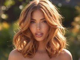 A woman with glossy honey copper hair in soft waves catching warm golden sunlight outdoors