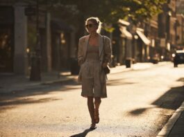 How to Style the Long Shorts Trend 2026 for a Cute, Comfy Summer A woman wearing tailored knee-length Bermuda shorts with an oversized blazer and minimal sandals in summer street style