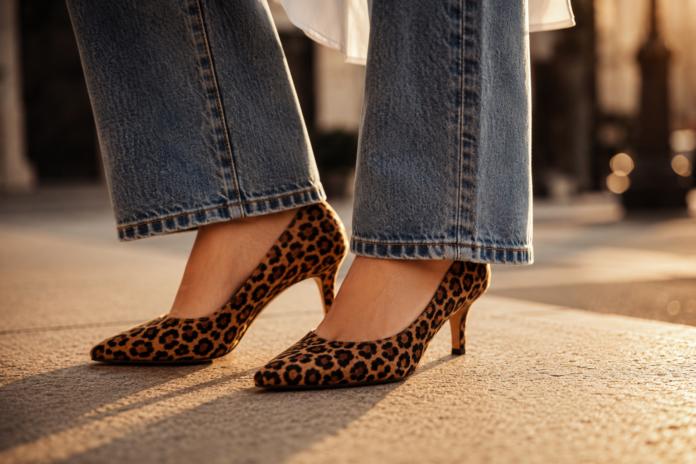 Leopard Print Heels 2026 Animal Pattern Street Style Leopard print heels paired with minimalist separates on a city sidewalk during summer street style season