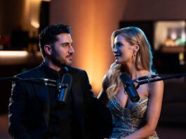 Elegant podcast interview scene featuring a stylish couple seated before studio microphones in a luxury recording space with warm cinematic lighting and intimate conversation atmosphere.