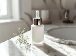 Amber glass serum dropper bottle on marble vanity with soft natural light and greenery.