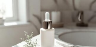 Amber glass serum dropper bottle on marble vanity with soft natural light and greenery.