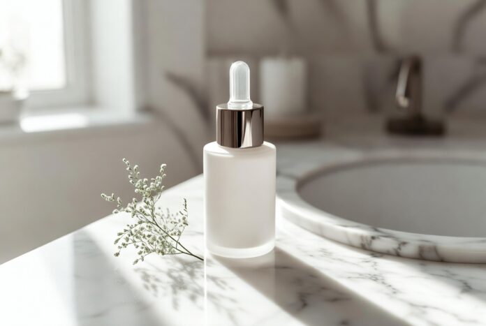 Luxury Skincare Serums Leading 2026 Beauty Trends Amber glass serum dropper bottle on marble vanity with soft natural light and greenery.