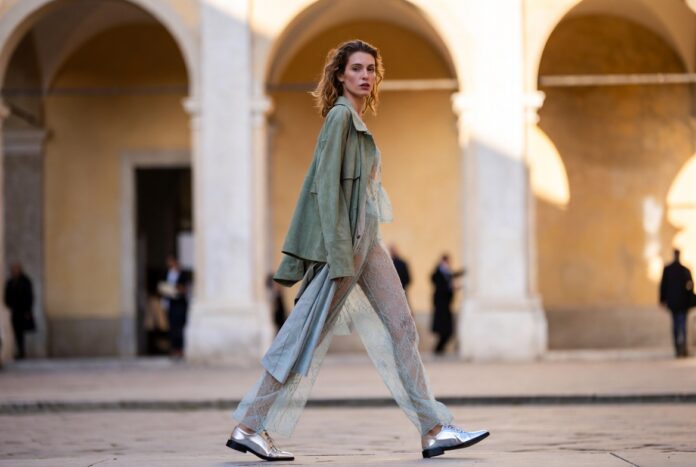 Milan Street Style 2026 The Art of Contrasts Milan street style outfit pairing suede, lace, and silver shoes in a study of textural contrast outside the shows