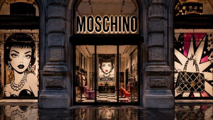 Moschino Creative Director 2026 Messina Rizzo Sunnei The Moschino logo in Milan, representing Loris Messina and Simone Rizzo's appointment as co-creative directors in June 2026.