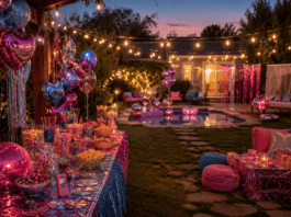 Backyard nostalgia party with Y2K decorations, retro snack table, and string lights at a summer 2026 event.