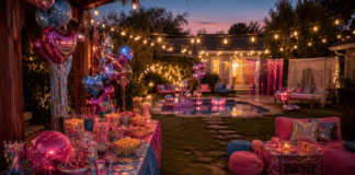 Nostalgia-Themed Summer Parties Are Going Viral – Millennials and Gen Z Want Throwback Fun Backyard nostalgia party with Y2K decorations, retro snack table, and string lights at a summer 2026 event.