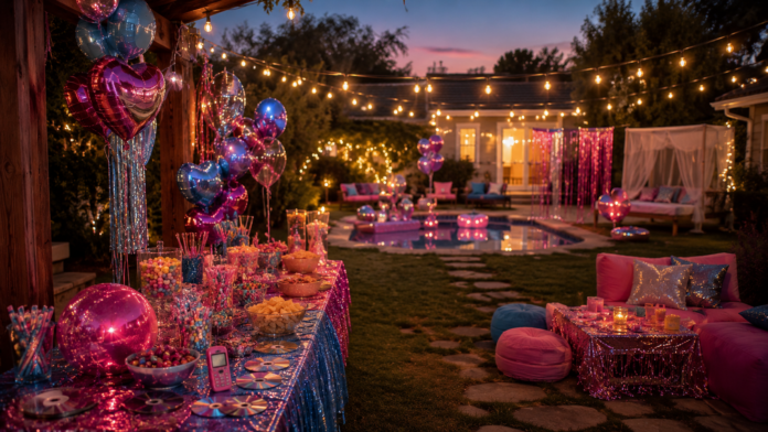 Nostalgia Party Ideas Summer 2026 Throwback Backyard nostalgia party with Y2K decorations, retro snack table, and string lights at a summer 2026 event.