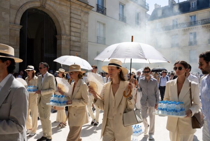 Paris Fashion Week Heatwave Runway Elegant fashion week guests shielding from intense Paris heat outside a luxury runway venue