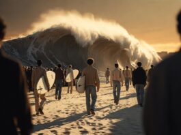 Pharrell Williams Louis Vuitton Channels California Surf Culture in Paris Models walk a sand runway in front of a giant artificial wave at the Louis Vuitton SS27 menswear show in Paris