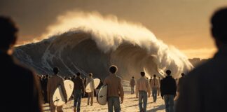 Models walk a sand runway in front of a giant artificial wave at the Louis Vuitton SS27 menswear show in Paris
