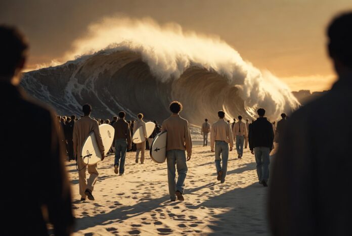 Pharrell Williams Louis Vuitton SS27 Surf Show Paris Models walk a sand runway in front of a giant artificial wave at the Louis Vuitton SS27 menswear show in Paris