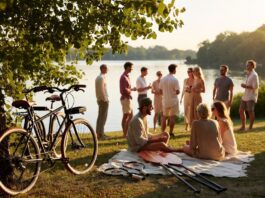 Playcation Trend Turns Summer Travel Into Adult Fun Stylish adults enjoying a summer playcation with bikes, paddles, and picnic details by a lake