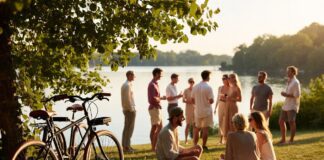 Stylish adults enjoying a summer playcation with bikes, paddles, and picnic details by a lake