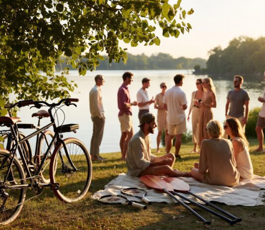 Stylish adults enjoying a summer playcation with bikes, paddles, and picnic details by a lake