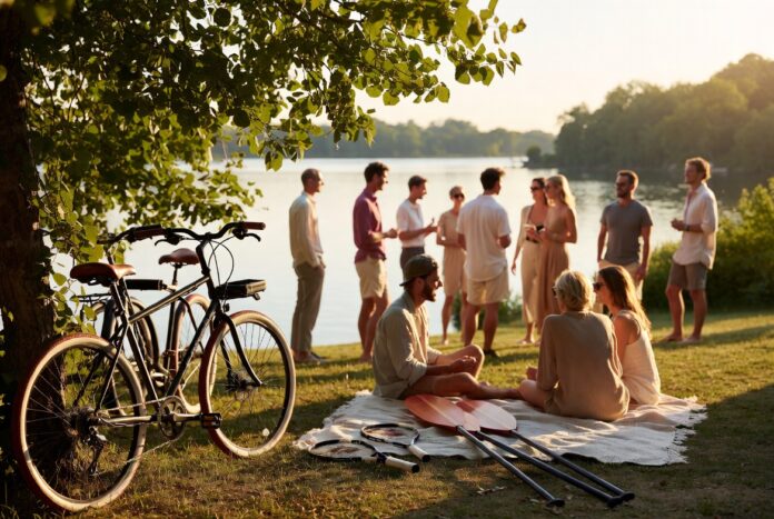 Playcation Trend Summer Travel Stylish adults enjoying a summer playcation with bikes, paddles, and picnic details by a lake