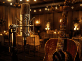Power Ballad Movie Is This Year’s Most Unexpected Musical Hit Stage microphone and acoustic guitar under warm light evoking the Power Ballad movie's music-driven story