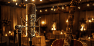 Stage microphone and acoustic guitar under warm light evoking the Power Ballad movie's music-driven story