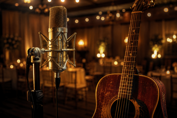 Power Ballad Movie 2026 Musical Comedy Drama Stage microphone and acoustic guitar under warm light evoking the Power Ballad movie's music-driven story