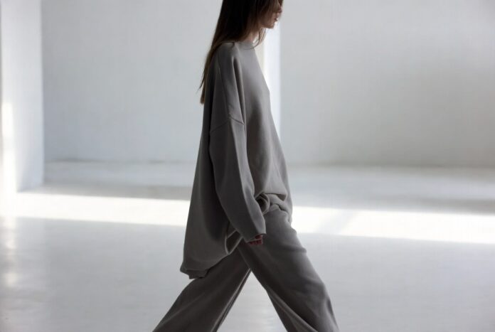 Model in a monochromatic oversized knit and matching trousers walking a clean editorial runway.