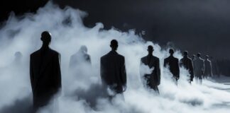 Models in sleek, sensual tailoring walk a runway shrouded in fog at a luxury menswear fashion show