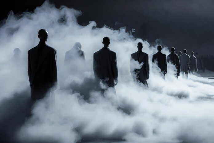 Saint Laurent Summer 2027 Paris Menswear Show Models in sleek, sensual tailoring walk a runway shrouded in fog at a luxury menswear fashion show