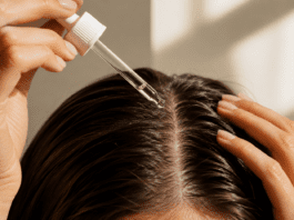 Close-up of a scalp serum dropper being applied to the parting of healthy, glossy hair in natural light.
